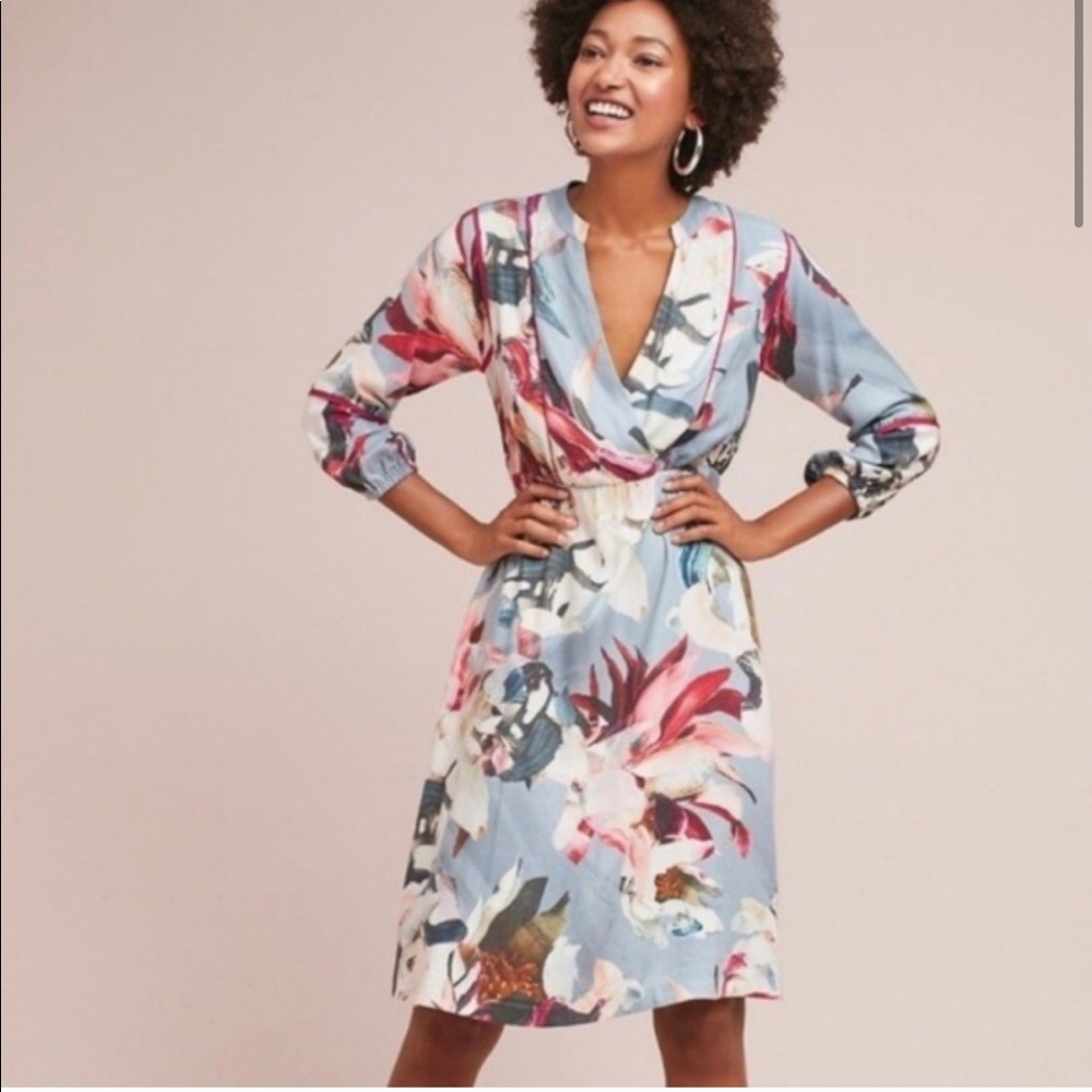 Anthropologie Floral Wrap Dress in Light Blue, Pink, White